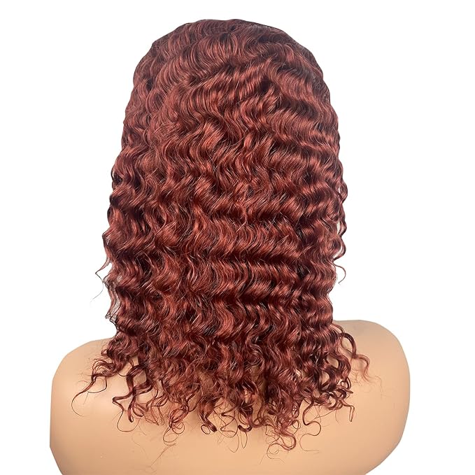 XSY Headband Wig Human Hair Curly Reddish Brown 150% Density Brazilian Virgin Hair #33 Red-Brown Deep Wave Headband Wig Glueless None Lace Front Wig 18 Inch