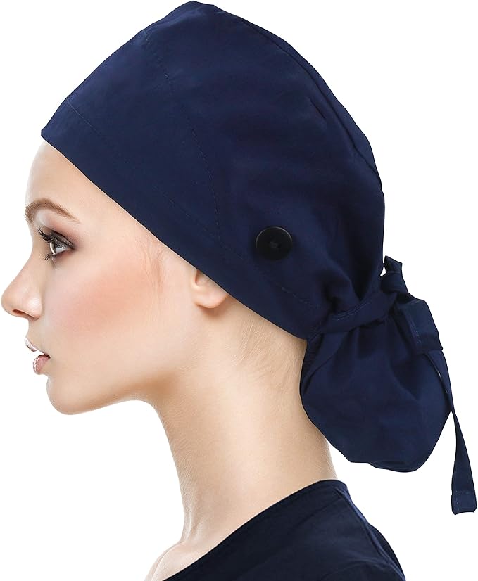 QBA Adjustable Working Cap with Button, Satin-Lined Hat, Cotton Working Hat Sweatband, Elastic Tie Back Hats Unisex