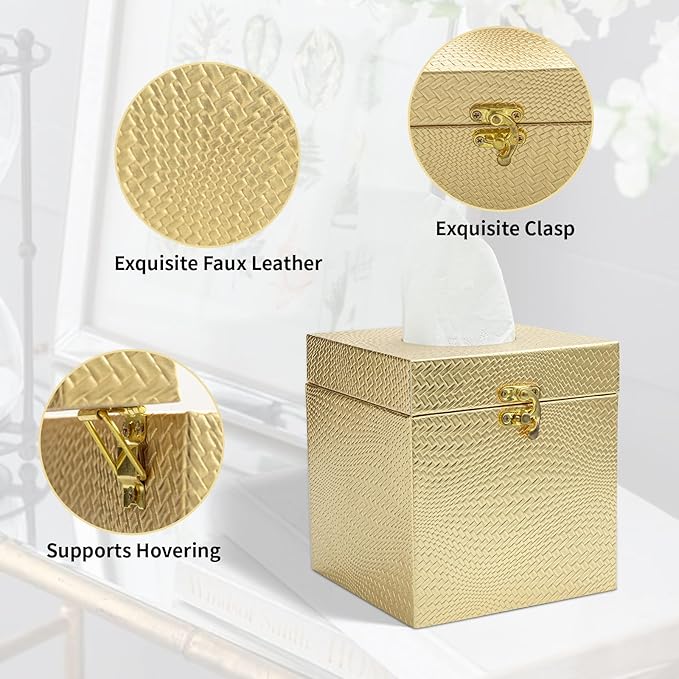 Gold Tissue Box Cover, Elegant Square Tissue Box Holder for Bathroom, Bedroom, and Office, Modern Decorative Tissue Box for Home Décor