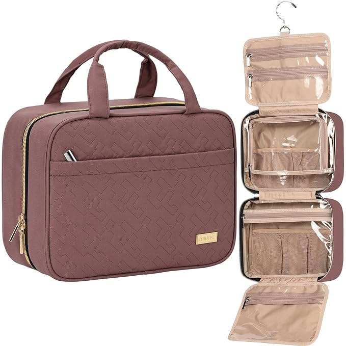 NISHEL Travel Toiletry Bag for women, Portable Hanging Organizer for Travel-Sized Shampoo, Conditioner, Brushes Set, Makeup Accessories, Medium Size, Rosewood-Pink