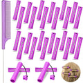 Chuangdi 24 Pcs Hair Perm Rods Plastic Cold Wave Perming Curlers Hair Rollers with Steel Pintail Comb Rat Tail Comb Tools for Hairdressing Styling(Purple,0.75 Inches)