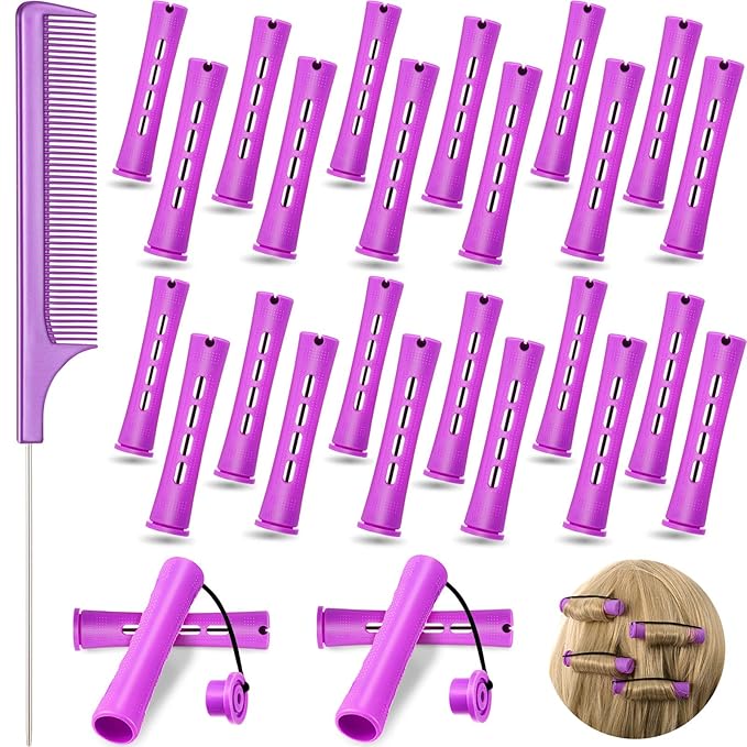 Chuangdi 24 Pcs Hair Perm Rods Plastic Cold Wave Perming Curlers Hair Rollers with Steel Pintail Comb Rat Tail Comb Tools for Hairdressing Styling(Purple,0.75 Inches)