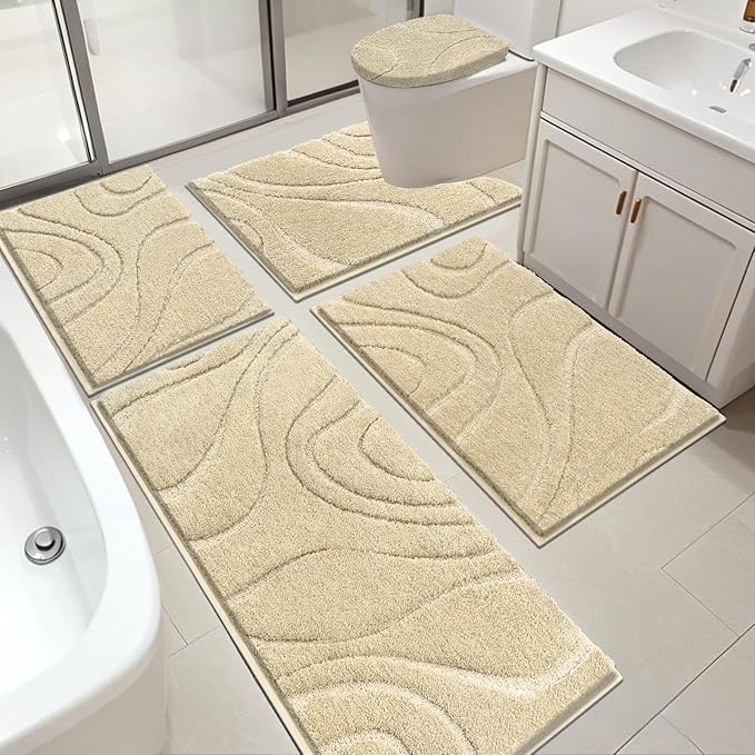 HEBE Bathroom Rugs Sets 5 Piece, Soft Absorbent Microfiber Bath Mat for Bathroom, Non Slip Washable Bath Rug Set with Toilet Cover, Bath Runner and U-Shaped Contour Toilet Rug, Beige