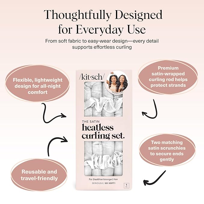 Kitsch Satin Heatless Curlers Set – Heatless Curls Overnight with 34" Hair Curler & 2 Satin Scrunchies, Comfortable No Heat Hair Curlers to Sleep In for Frizz-Free & Non-Damage Styling - Marble
