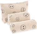 3 Pcs Makeup Bag Set for Women Corduroy Cosmetic Pouch Aesthetic Smile Travel Toiletry Bag Cute Purse Pouch Pencil Case Makeup Brushes Storage Organizer with Zipper(Beige,Smile Face)