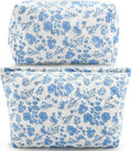 2Pcs Small Makeup Bag Quilted Cosmetic Bag Flower Pencil Case Travel Makeup Bag Set for Women Cute Cosmetic Pouch Aesthetic Cotton Toiletry Organizer Storage Bags Puffy Zipper Pouch Christmas Gifts A
