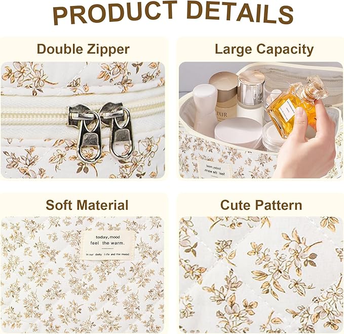 3Pcs Makeup Bag Cotton Quilted Travel Cosmetic Bag Cute Floral Makeup Pouch Large Toiletry Bag for Women Girls