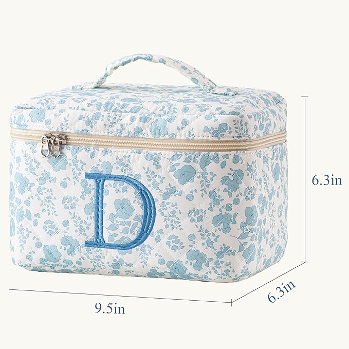 HBselect Initial Quilted Makeup Bag, Cotton Large Travel Makeup Bag, Cute Floral Coquette Make up Bag Cosmetic Bag Toiletry Bag for Women Girls D