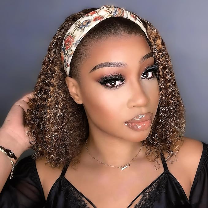 XSY Deep Wave Headband Wig Human Hair Ombre Highlight 4/27# Curly Headband Wig Glueless Brazilian Virgin Human Hair Wigs for Black Women 150% Density 12 Inch