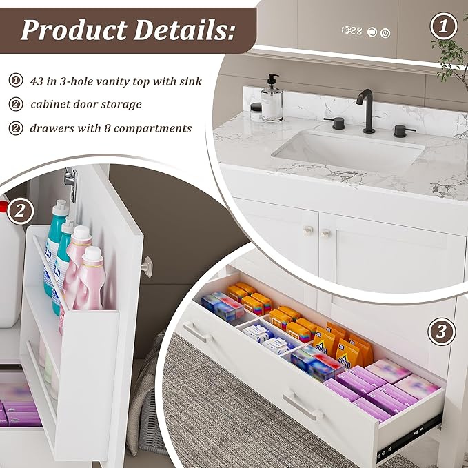 Montary 42" Bathroom Vanity with 43" Artificial Marble Carrara White Top, Modern Stylish MDF Bathroom Storage Cabinet, Vanity Set with 2 Doors and One Large Divided Drawer, White (Three Holes)