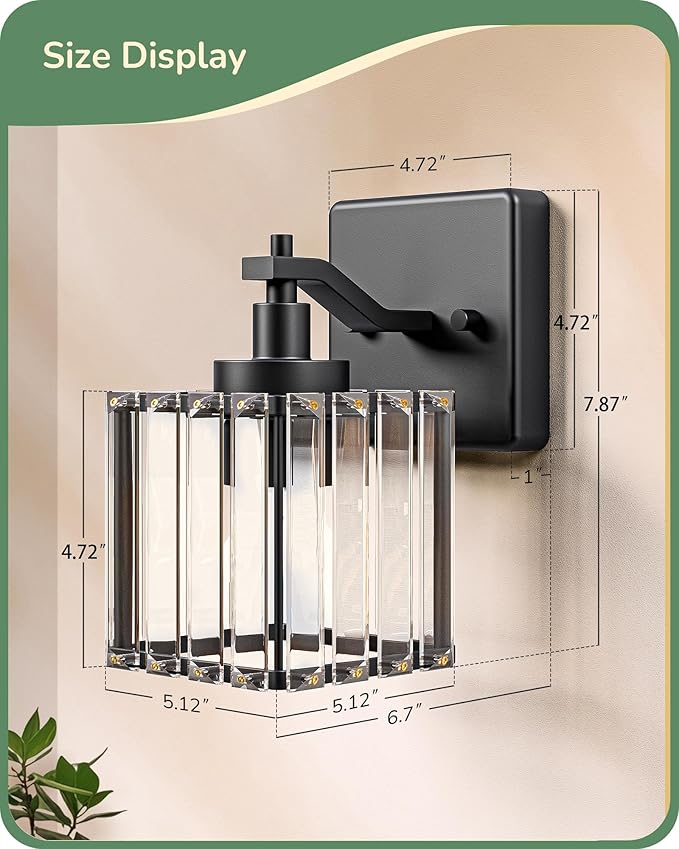 EDISHINE Hardwired Bathroom Light Fixtures, Modern Wall Sconces Set of Two, Crystal Bathroom Vanity Llight, Indoor Lighting Fixtures Over Mirror, Black Wall Lamp for Bedroom