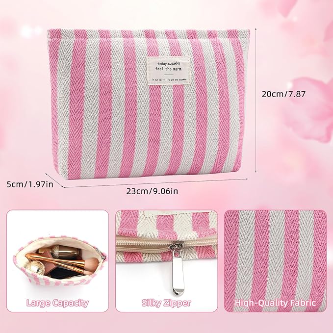 ZLFSRQ Striped Makeup Bag Large Canvas Travel Makeup Bag for Women Cosmetic Pouch Cute Pink Striped Make Up Pouch for Purse Y2k Aesthetic Trendy Zippered Toiletry Bags Gift Skincare Storage Organizer