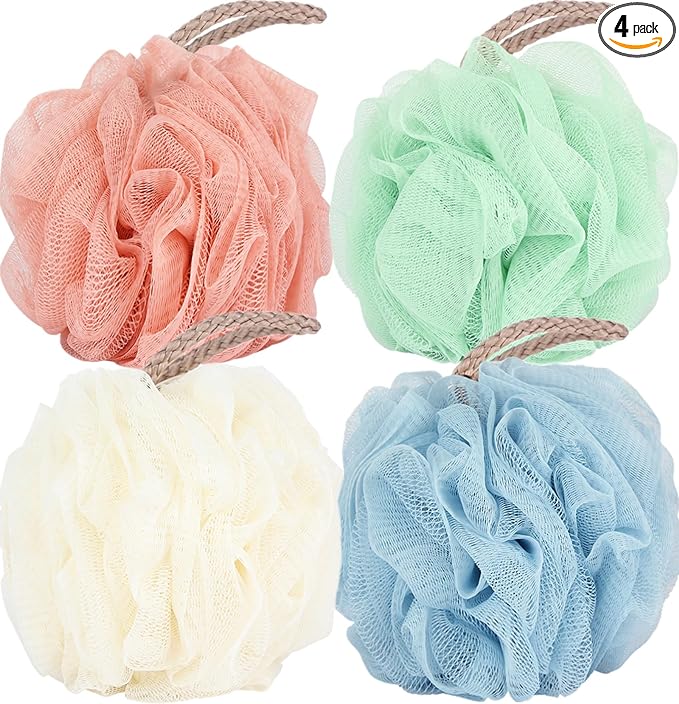 Fu Store Loofah Sponge 60g Shower Loofahs 4 Colors Bath Sponges Mesh Balls for Body Scrubber Exfoliator Wash Back Scrubber Bathroom Men Women - 4 Pack Scrubbers Cleaning Bathing Accessories