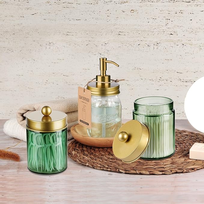 Amolliar Sage Green Glass Apothecary Jar, Qtip Holder Metal Lid & Stickers, Bathroom Qtip Holder Storage Canister, Farmhouse Decor for Cotton Balls, Swabs, Round Pads, Bath Salt, Floss, Gold 1 Pack