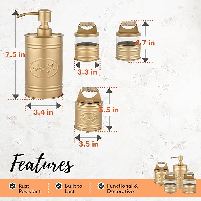 Autumn Alley Antique Gold Bathroom Accessories Set 4 - Farmhouse Soap Dispenser, Toothbrush Holder, 2 Apothecary Jars Qtip Holder - Gold Bathroom Decor – Rustic Farmhouse Bathroom Accessories