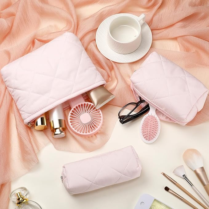 Paterr 3 Pcs Quilted Makeup Bag Set Small Bridesmaid Cosmetic Bag Aesthetic Travel Toiletry Pouch Cute Purse Pencil Case Makeup Storage Organizer for Women Birthday Gifts(Cotton,Pink)