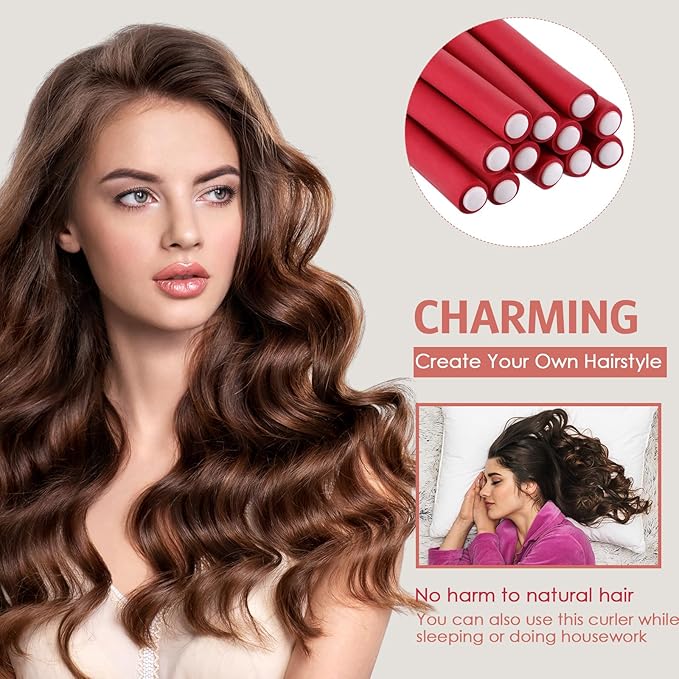 WILLBOND 60 Pieces Flexible Curling Rods Hair Curlers Rollers Twist Flexi No Heat Rods Rollers for Long Short Hair Women(0.4 x 7 Inch,Red)