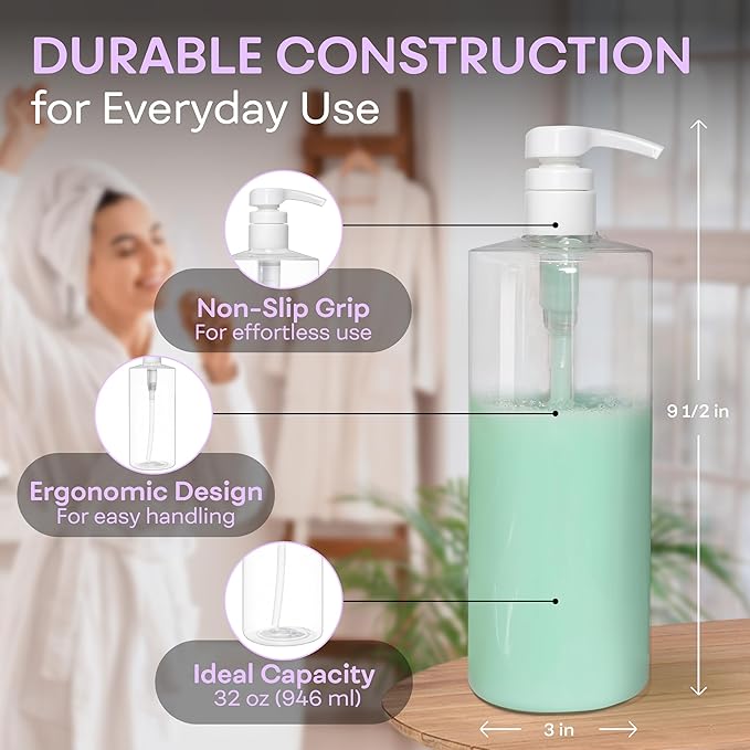 BRIGHTFROM Empty Shampoo Pump Bottles, 32 OZ / 1 Liter, BPA-Free Cylinder Containers, Household & Commercial Use, 2 Pack - Leak Proof