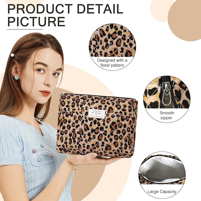 2PC Makeup Bag Set, Cute Cosmetic Bag for Women Girls, Floral Coquette Aesthetic Toiletry Bag, Travel Make Up Organizer Bag (Leopard Print)