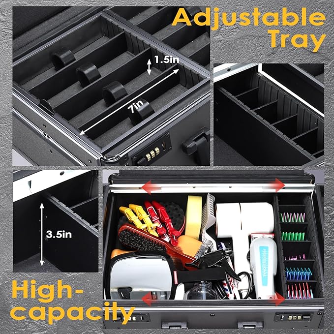 Barber Case with Clippers Sliding Tray, Profesional Barbers Briefcase Tool Case, Travel Barber Cases for Clippers and Supplies, Hair Scissors Trimmer Organizer, Salon Grooming Hard Suitcase