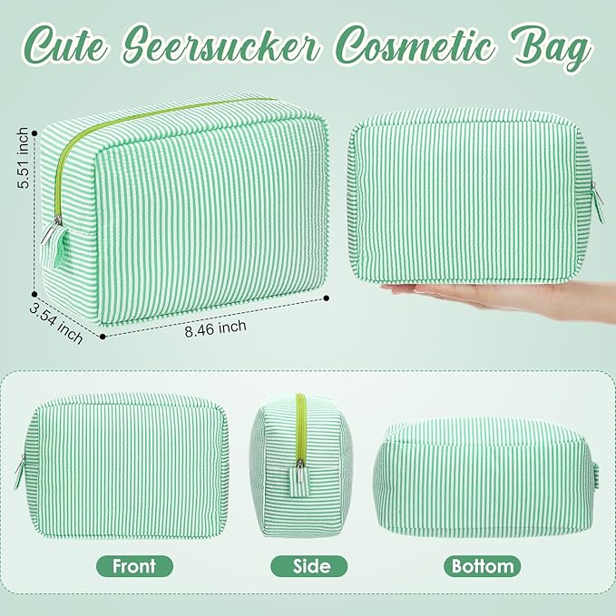 Sanwuta 6 Pcs Seersucker Cosmetic Bag Bulk Pinstripe Makeup Bag for Women Aesthetic Cute Travel Toiletry Organizer Preppy Storage Pouch for Wedding Bridesmaid Christmas Gift (Large, Green)