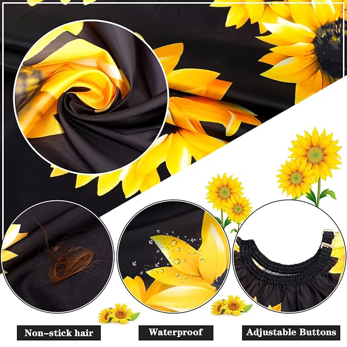 FEBSNOW Barber Cape Waterproof Professional Hair Cutting Cape Neck Duster Brush for Haircut Black Sunflower Salon Beard Hairdressing Kits 46.8 × 56 Inches