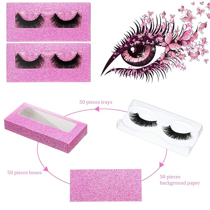 Maitys 50 Sets Empty Lash Case Set, Include Empty Eyelash Box Packaging Storage Box, Eyelash Boxes Tray False Storage, Internal Background Paper(Pink)