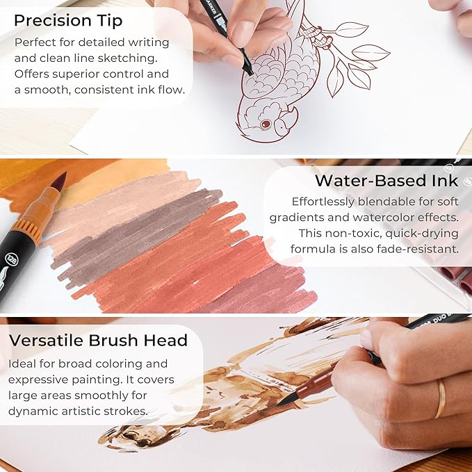 Brown Duo Tip Marker Pens, 12 Pack Fine & Brush Markers for Adult Coloring Books No Bleeding, Earth Brown Markers for Wood Texture, Animal Fur, Vintage Effects and Antique Coloring
