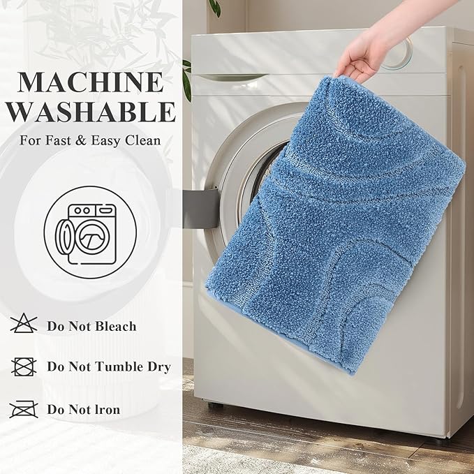 HEBE Bathroom Rugs Sets 5 Piece, Soft Absorbent Microfiber Bath Mat for Bathroom, Non Slip Washable Bath Rug Set with Toilet Cover, Bath Runner and U-Shaped Contour Toilet Rug, Blue