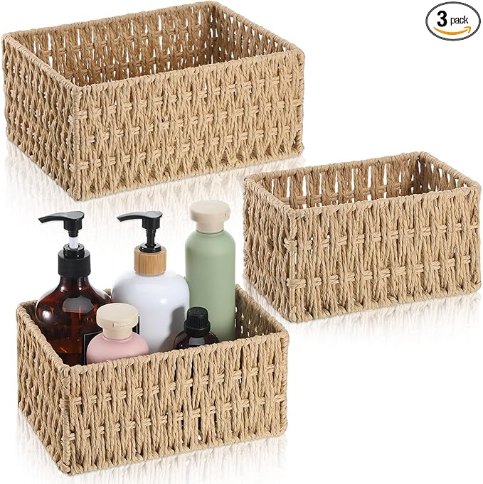 3 Pack Wicker Baskets for Organizing, Toilet Tank Basket for Bathroom, Hand-Woven Paper Rope Wicker Baskets, Toilet Paper Storage Basket for Toilets Tank Top for Shelves