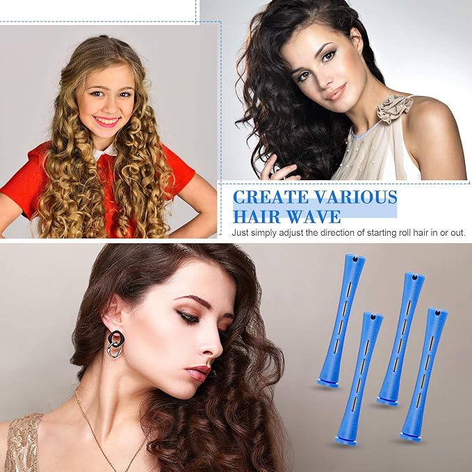 48 Pieces Cold Wave Plastic Curlers with Steel Pintail Rat Tail Comb for Hairdressing and Styling (Blue, 0.35 Inch/ 0.9 cm)