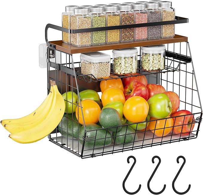 Delamu Magnetic Shelf for Fridge with Wood Lid, 3 Tier Pull Out Fruit Basket, Pantry Organizers for Refrigerator, Cabinet, Kitchen Counter, Laundry (1 Pack)