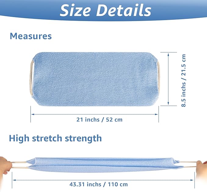 Extended Exfoliating Back Scrubber with Handles, Nylon Cleaning Exfoliator Washcloth for Body, Stretchable Pull Strap Soft Quick-Drying Rough Scrub Towel, Blue