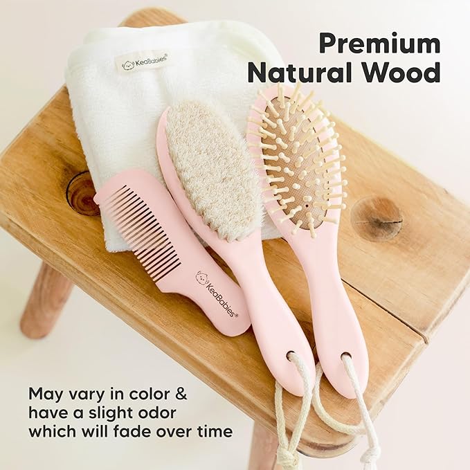 Wooden Baby Hair Brush - Cradle Cap Baby Brush with Soft Goat Bristles, Perfect Gentle Scalp Newborn Comb for Infant, Girls, Boys, Bath Essentials (Blush, Regular)