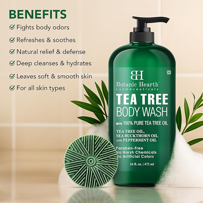 Botanic Hearth Tea Tree Body Wash with Silicone Dual-Sided Design Body Brush & Scrubber | Infused with 100% Pure Tea Tree Oil, Coconut, Jojoba |Foot & Body Cleanser | Paraben Free |16 fl oz