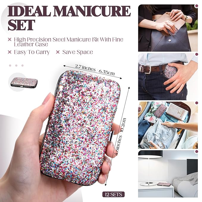 Geosar 12 Set 8 in 1 Manicure Set Stainless Steel Nail Clippers Kit Pedicure Care Tools with Leather Case Travel Grooming Kit Gift for Women Men Gift(Glitter Candy Color)