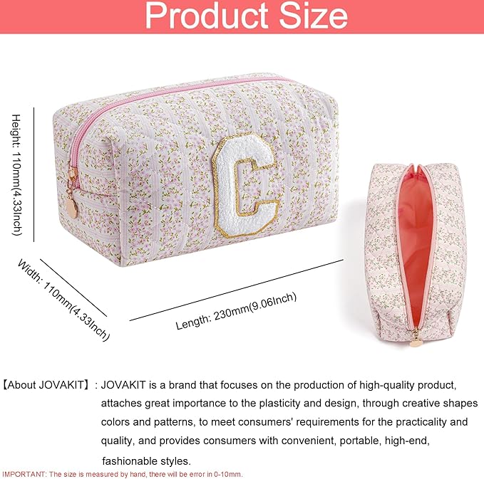 JOVAKIT Alphabet Makeup Bag Cosmetic Bag for Women, Christmas Gifts for Girls Age 6-18, Floral Flowers Coquette Travel Toiletry Zipper Make Up Pouch Organizer Trendy Stuff (Pink Floral C)