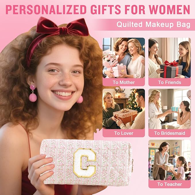 Personalized Quilted Cosmetic Bag, Puffy Monogrammed Christmas Birthday Gifts for Women & Girls, Cute initial Floral Makeup Bag Puffer Coquette Bag, Aesthetic Travel Toiletry Zipper Pouch(Pink,C)