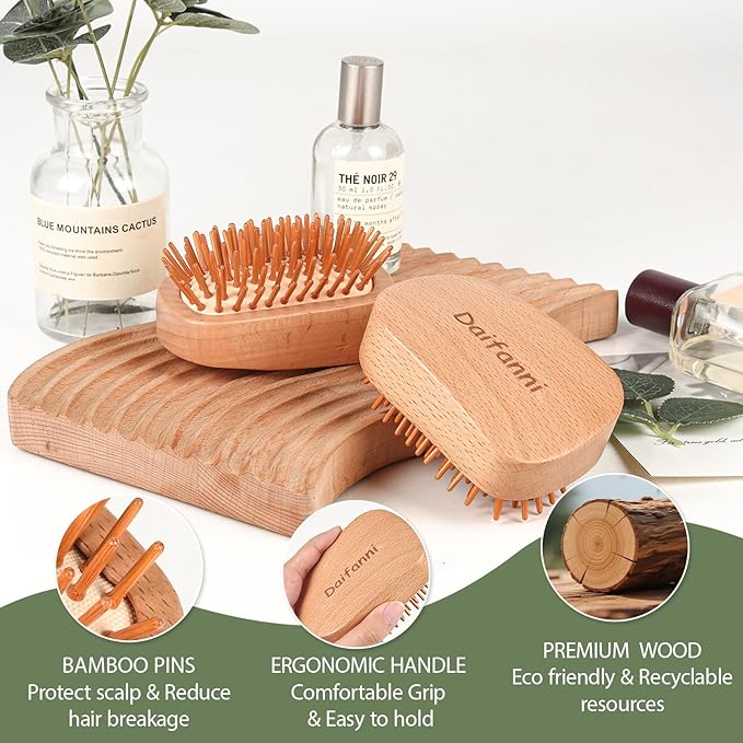 Natural Wooden Hair Brush with Bamboo Pins - No Handle Scalp Massager for Hair Growth & Detangling, Small Mini Portable Hairbrush for All Hair Types, Women Men Travel Gift (Rectangular)