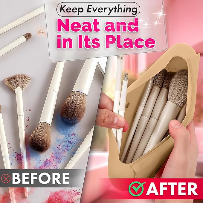 Silicone Makeup Brush Holder Travel – Stylish Silicone Make Up Bag 8.3 in, Travel Makeup Bag for Brushes, Easy-to-Clean Waterproof Case, Fits Purse or Tote, Magnetic Clips, Sturdy Brush Organizer