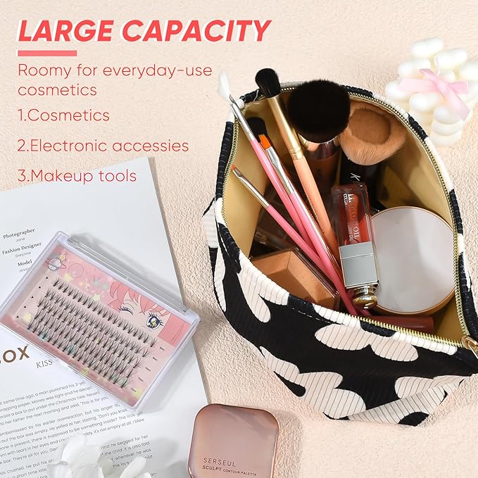 Cute Makeup Pouch for Women Flower Small Make Up Bag for Purse Zipper Initial Cosmetic Bags Pouches for Purse Aesthetic Travel Toiletrybags Gift,Black White Floral