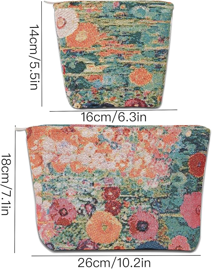 2 PCS Makeup Bag Small Cute Cosmetic Bags for Women，Floral Travel Toiletry Bag for Purse, Large Canvas Cosmetic Pouch Makeup Organizer Tool Pouch with Zipper（Oil Painting Garden）