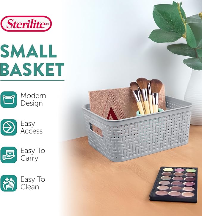 Sterilite 16 Pack Plastic Storage Bin Organization Containers, Short Baskets, Cement