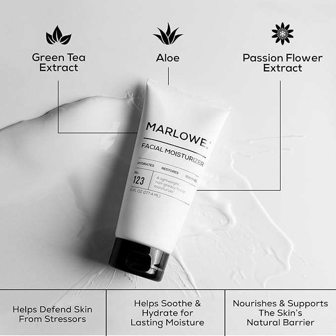 MARLOWE. No. 123 Facial Moisturizer for Men, 6 oz, Daily Face Lotion with Aloe Vera & Green Tea Extract, Hydrates, Nourishes, Restores & Soothes, Lightweight, Non-Greasy, Fresh Aloe Citron Scent