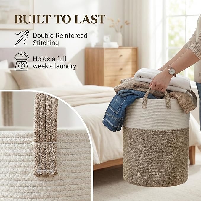 Large Woven Laundry Basket Hamper,100L Cotton Rope Storage Bin for Blankets,Toys and Clothes,Decorative Tall Nursery Hamper for Living Room,Baby Nursery,Bathroom and Bedroom,Brown
