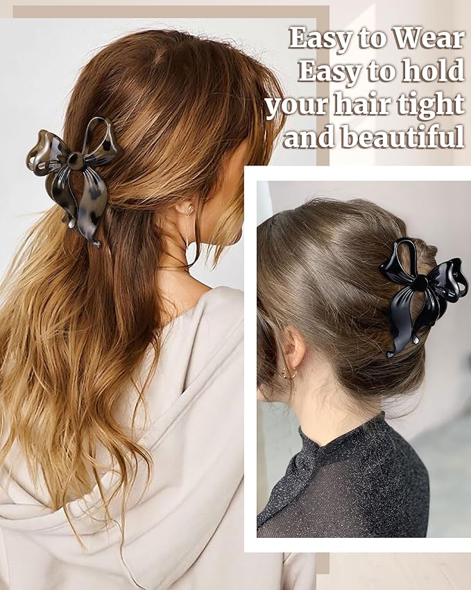 Mesovor 4 Pack Cute Bow Claw Clip for Women, Nonslip Large Matte Strong Hold Bows Hair Clips for Thin and Thick Hair | Chic Hair Styling Accessories (4.1" Black, Leopard)