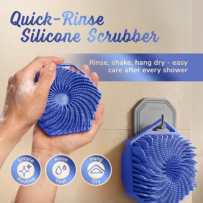 Silicone Body Scrubber – Gentle Exfoliating Shower Scrubber for Body & Bath, Silicone Shower Brush & Loofah Alternative – Non-Slip Silicone Body Brush, Quick Dry, Hygienic - Blue
