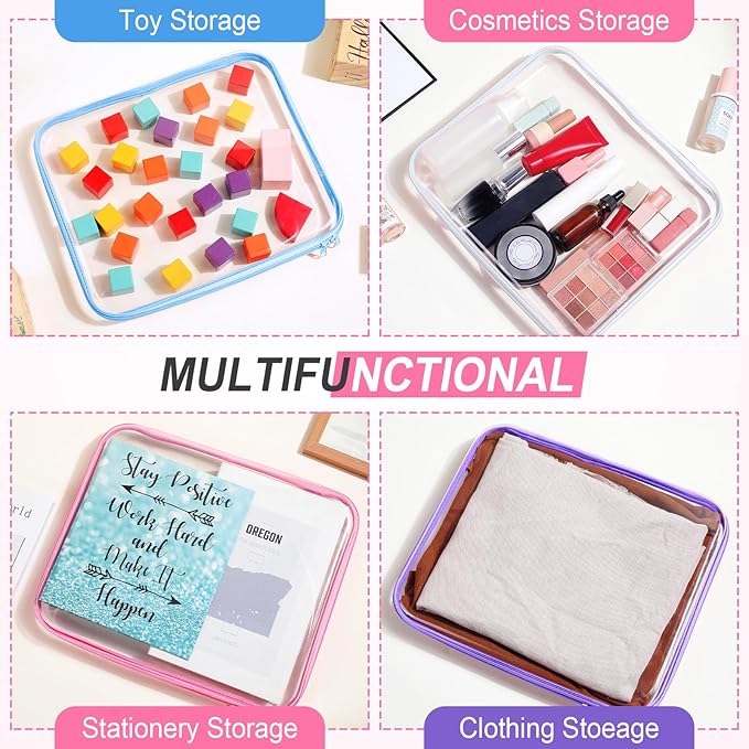 Hoolerry 4 Pcs Hard Clear Zipper Case Makeup Bags Plastic Zipper Pouch Transparent Storage Box Containers for Cosmetics, Snacks, Building Blocks, Puzzles(Clear,13.8 x 11.8 x 2 in,Multicolor)