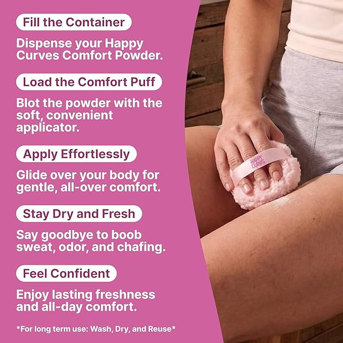 Happy Curves Comfort Puff Mini, All Day Sweat, Odor, and Chafe Defense, Large Body Powder Applicator for Talc Free Deodorant, Ultra Soft Fleece with Strap and Travel Case (Powder Sold Separately)