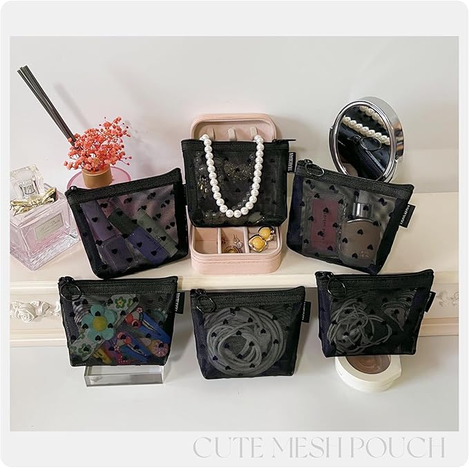 Mini Mesh Heart Makeup Bag Set, Mesh Cosmetic Bags with Zipper, Makeup Lipstick Cosmetic Accessories Organizer Bag, Mesh Pouch for Travel (Black-6pcs)